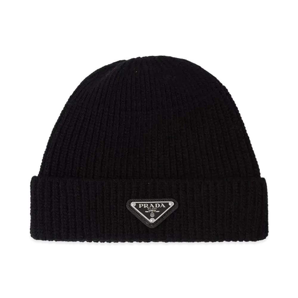 PRADA Ribbed Logo-Plaque Beanie "Black"