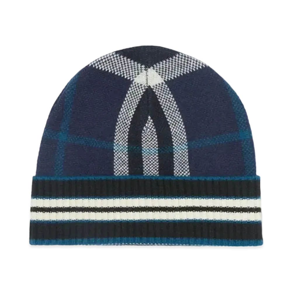 Burberry Check and Stripe Cashmere Beanie "Navy"