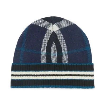 Burberry Check and Stripe Cashmere Beanie "Navy"