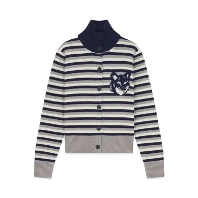 Maison Kitsune Fox Head Intarsia Striped High Neck Cardigan "Navy/White"