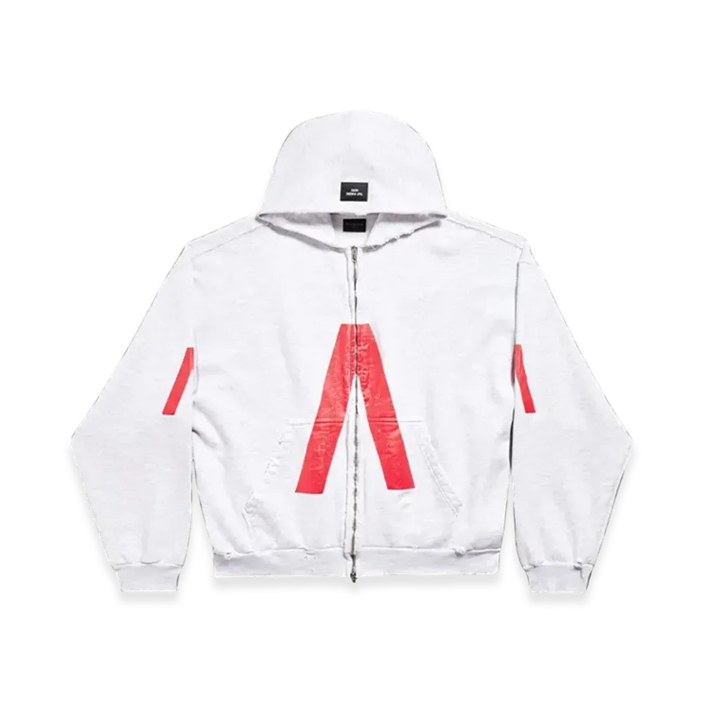 BALENCIAGA Music Archive Series Connected Zip Up Hoodie Medium Fit "Light Grey Red"