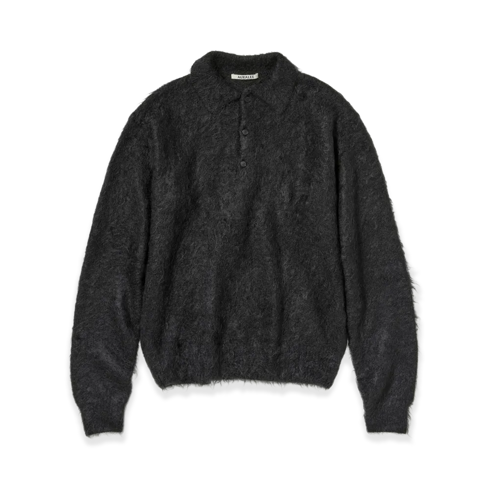 AURALEE Brushed Super Kid Mohair Knit Polo "Ink Black"
