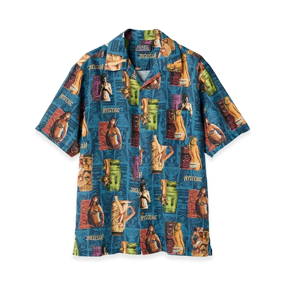 HYSTERIC GLAMOUR Tiki Bop Pattern Open Collar Shirt "Blue"