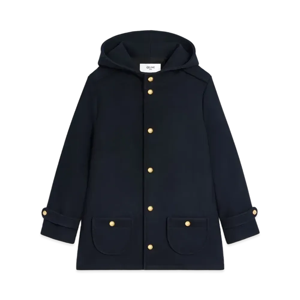 CELINE Hooded Triomphe Coat In Wool Felt "Navy"