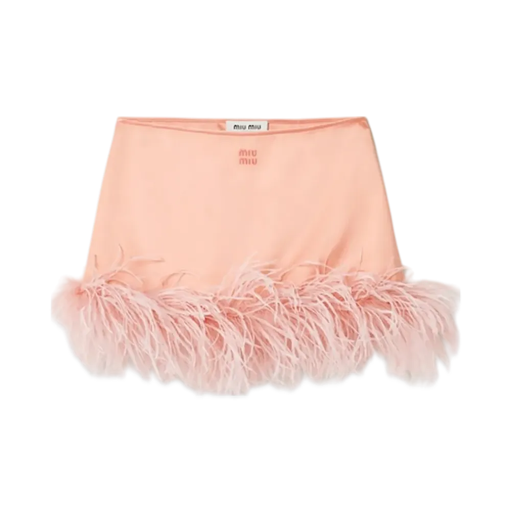 MIU MIU Women's Feather Trimmed Satin Miniskirt "Coral"