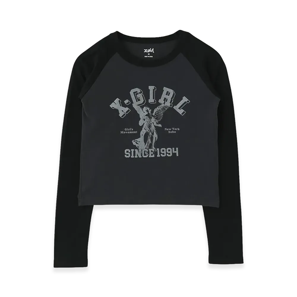 X-Girl Women's Angel And Logo Raglan L/S Baby Tee "Charcoal"