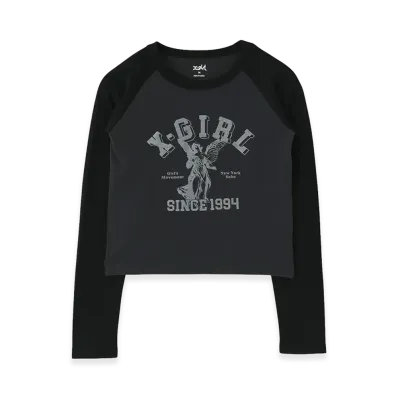 X-Girl Women's Angel And Logo Raglan L/S Baby Tee "Charcoal"