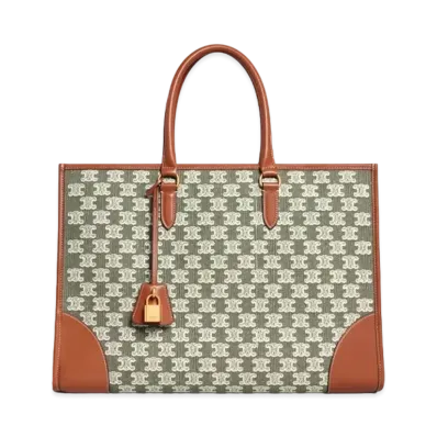 CELINE Horizontal Cabas in Textile with Triomphe Embroidery "Khaki"