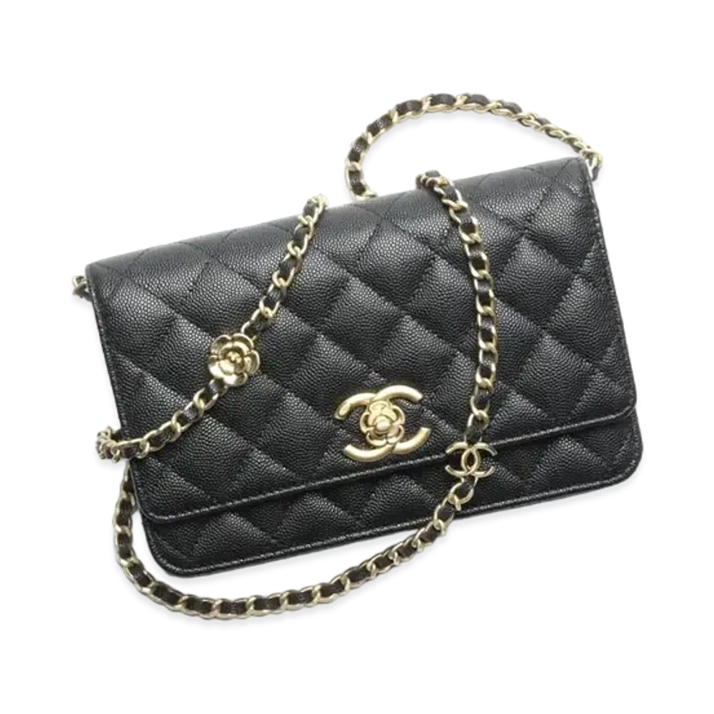 CHANEL Wallet On Chain Grained Shiny Calfskin Gold Tone Metal "Black"