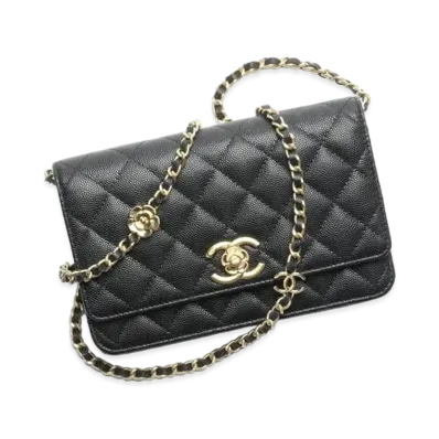 CHANEL Wallet On Chain Grained Shiny Calfskin Gold Tone Metal "Black"