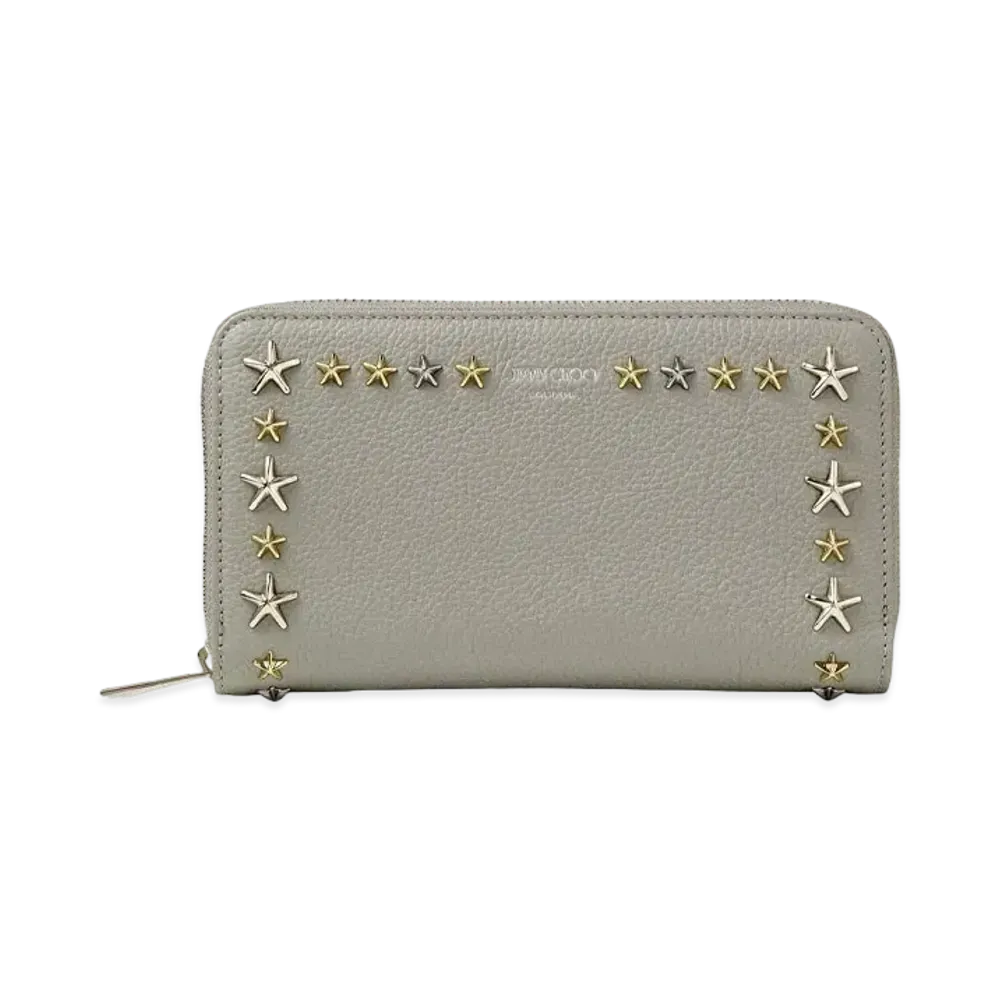 JIMMY CHOO PIPPA Soft Grainy Calf Leather Zip-Around Wallet With Mied Star Studs "Moonstone"