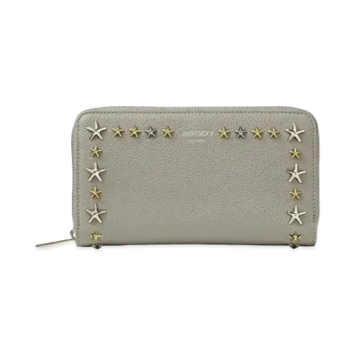 JIMMY CHOO PIPPA Soft Grainy Calf Leather Zip-Around Wallet With Mied Star Studs "Moonstone"