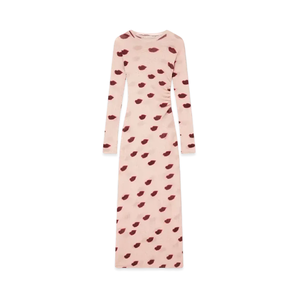 STELLA McCARTNEY Long-Sleeve Lips Print Maxi Dress "Dusty Pink/Red"