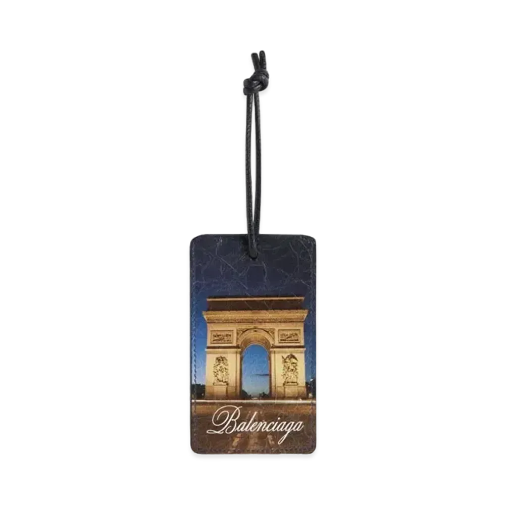 BALENCIAGA Luggage Tag in Arc De Triomphe Postcard Printed Arena Lambskin "Multicolor"