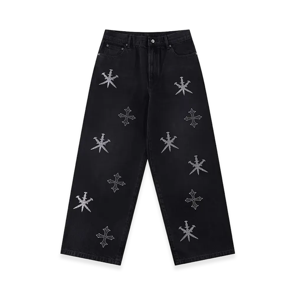 Unknown London Dagger Cross Rhinestone Baggy Denim Pants "Black"