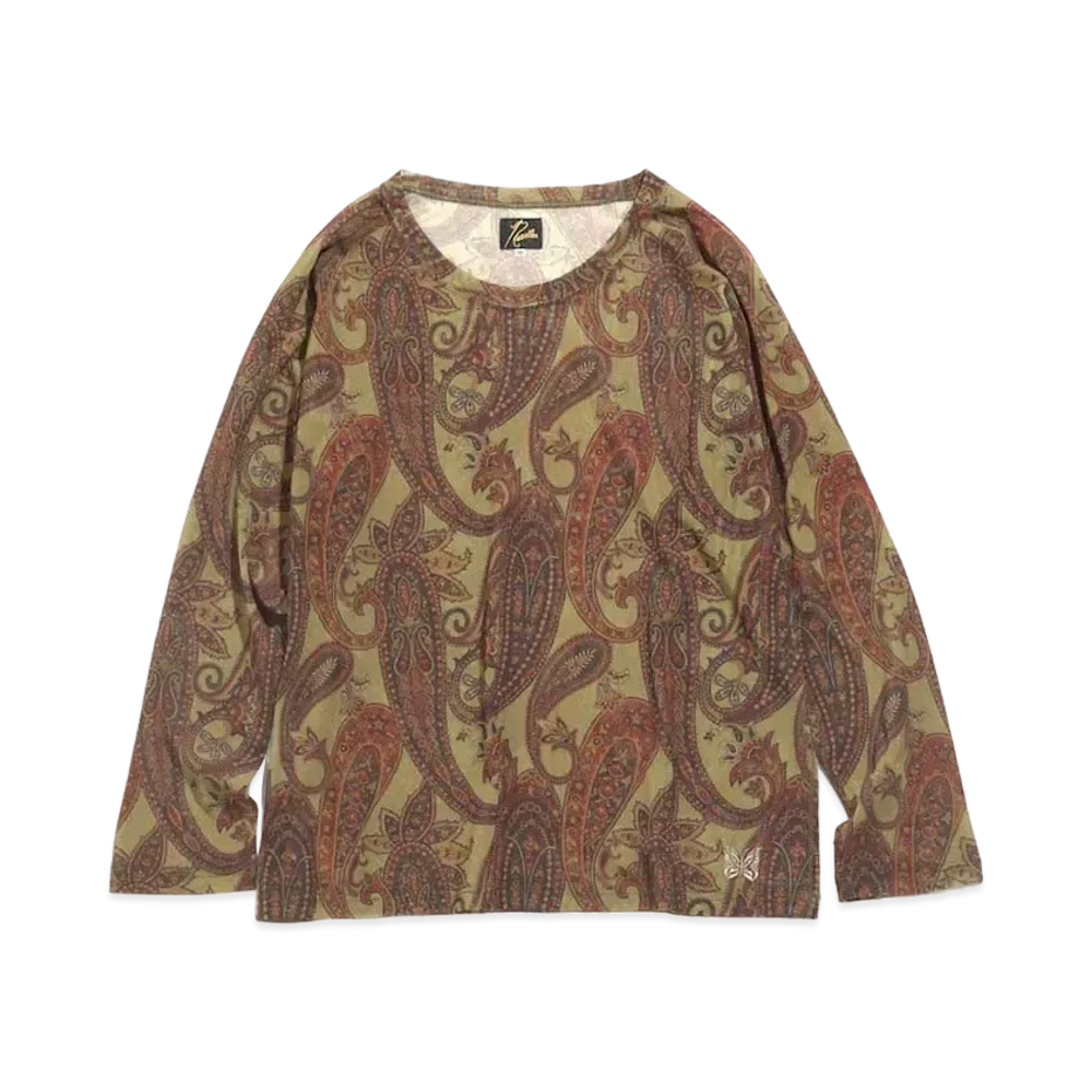 Needles L/S U NECK TEE - POLY MESH / PAISLEY PT. "Khaki"