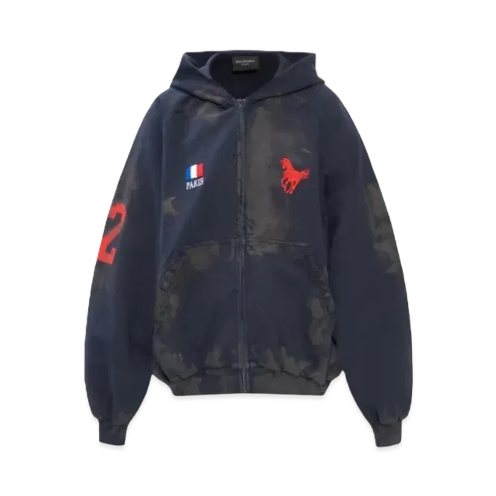 BALENCIAGA Paris Vintage Logo 22 Zip-Up Hoodie "Dark Navy"