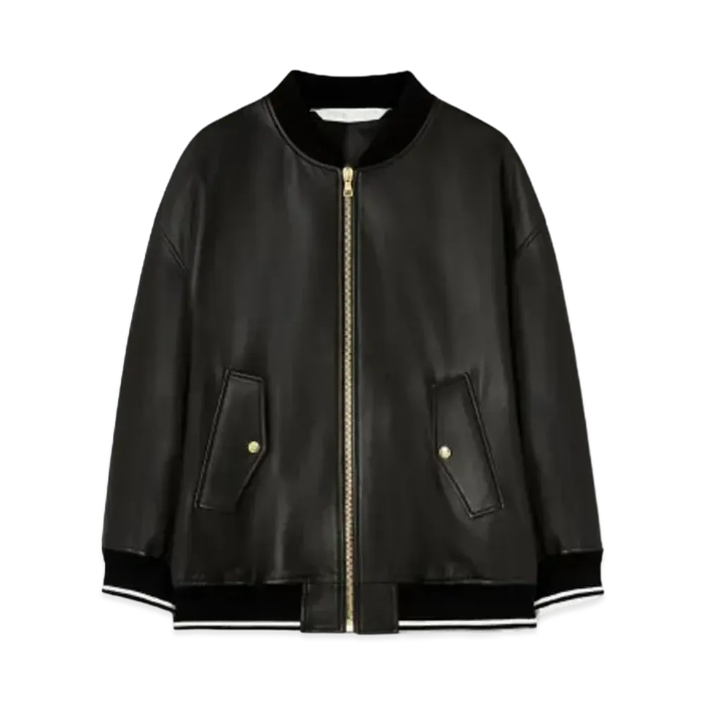 PALM ANGELS College Leather Bomber Jacket "Black/Off White"