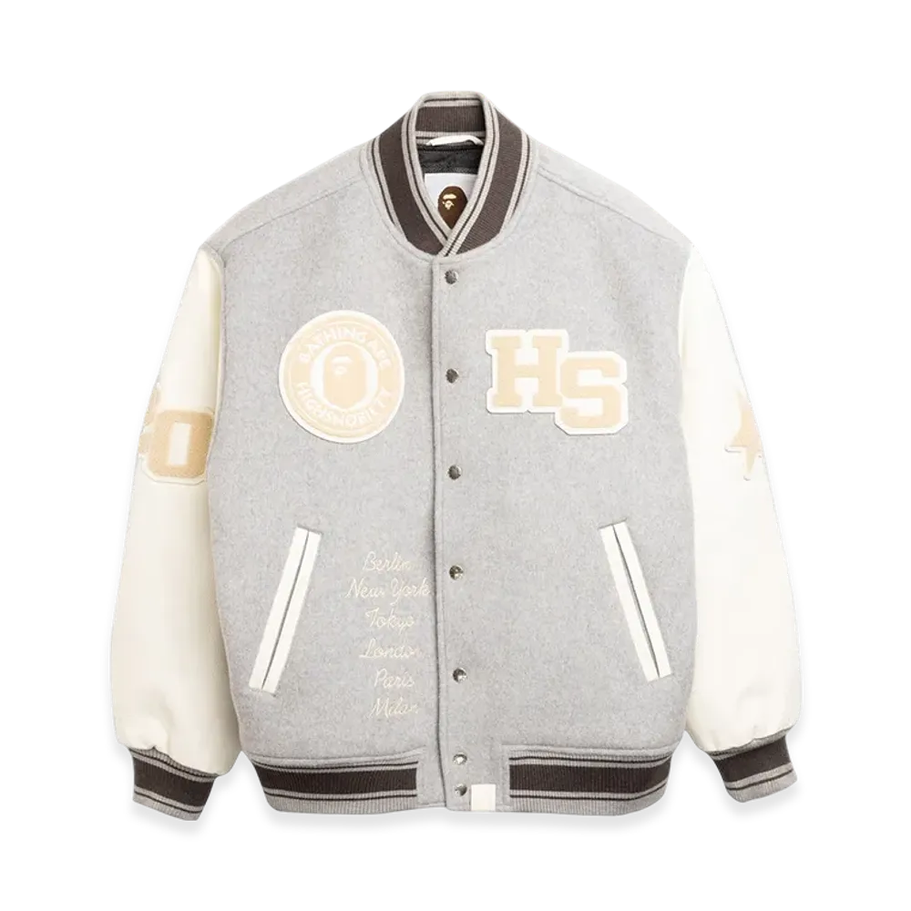 A BATHING APE x Highsnobiety Multi Logo Varsity Jacket "Grey"