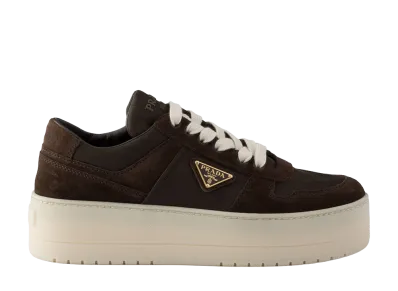 PRADA Women's Downtown Bold Re-Nylon Suede Sneakers "Dark Brown"