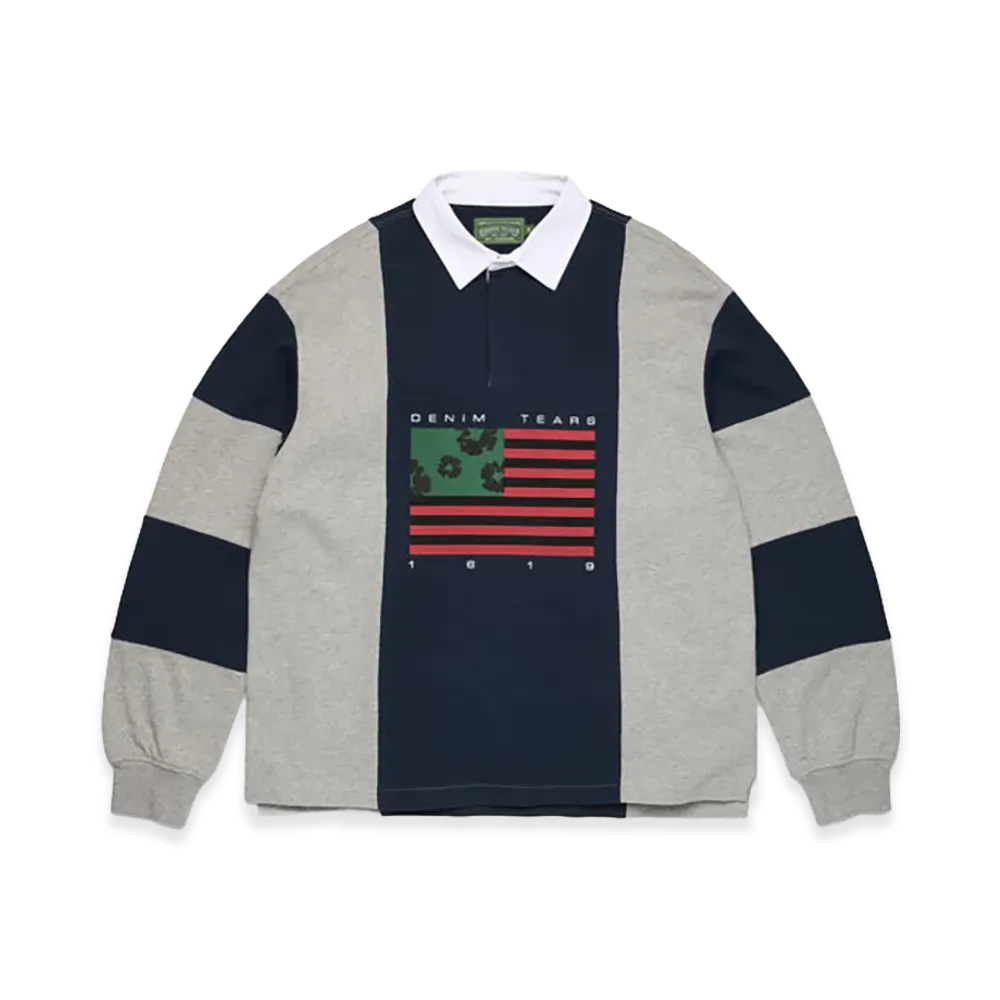 DENIM TEARS Cotton Wreath Pan-African Flag Rugby "Grey/Navy"