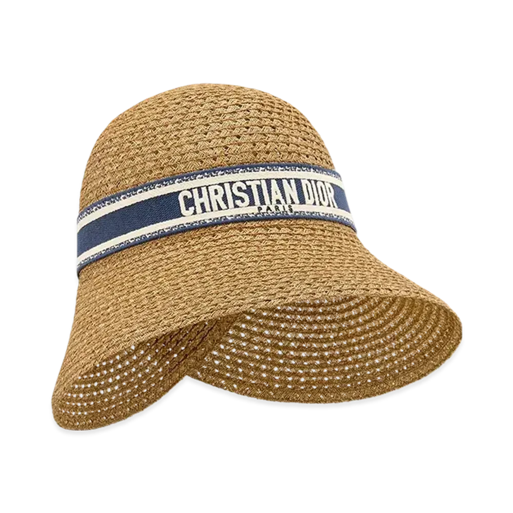 Dior Dioriviera D-Wave Large Brim Cloche Straw with Embroidered Band "Blue/White"