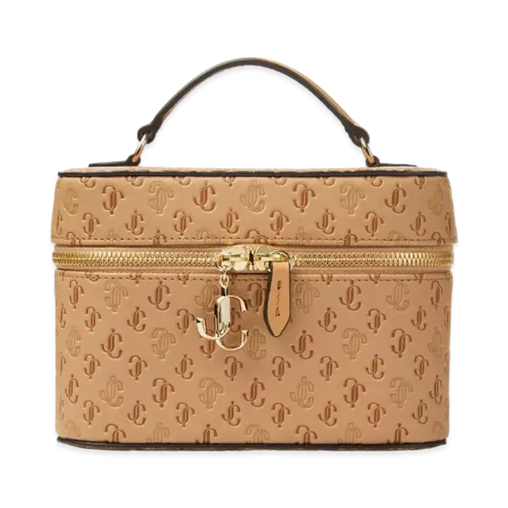 JIMMY CHOO VANITY CASE W/CHAIN JC Monogram Pattern Vanity Case With Light Gold JC Logo "Caramel"