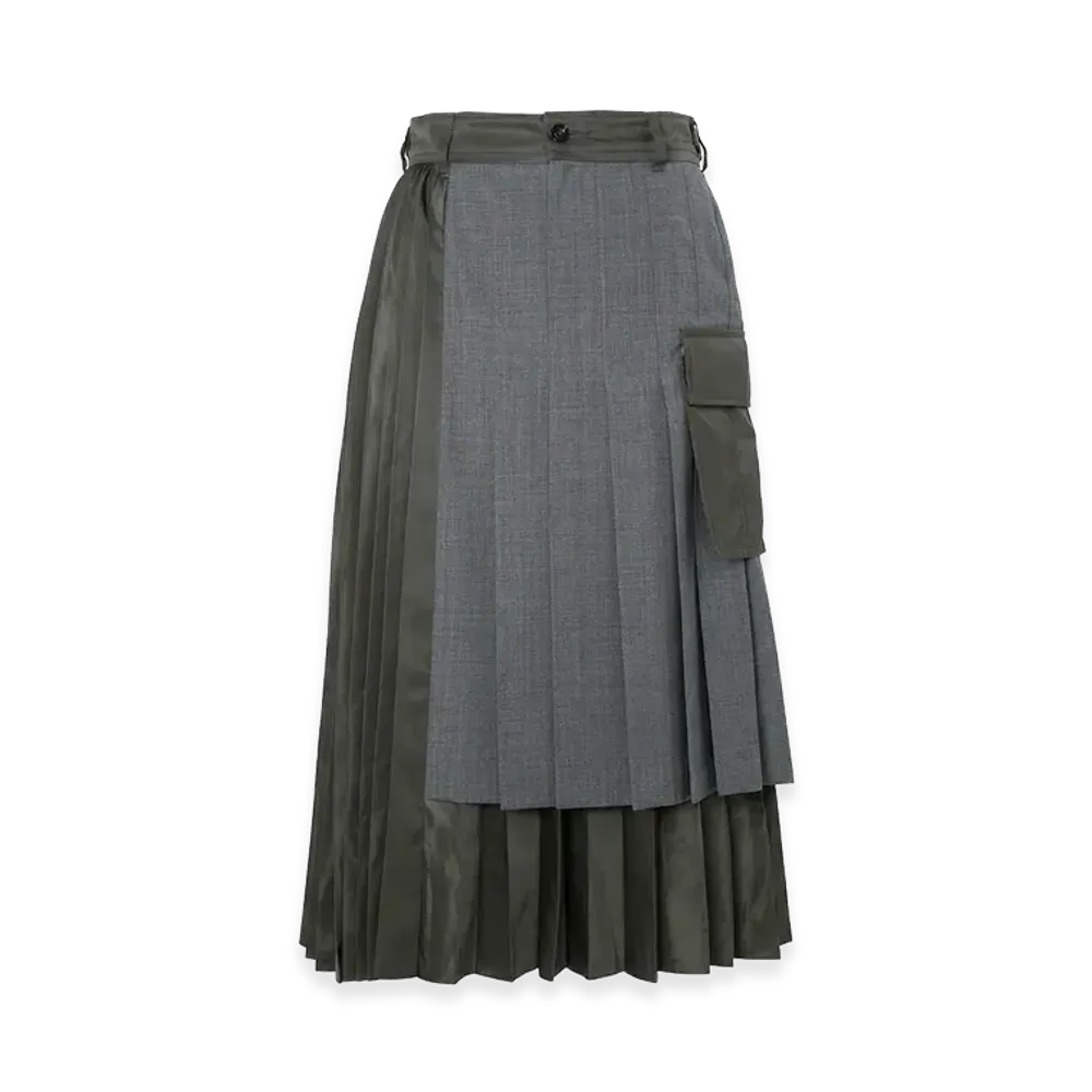sacai Women's Suiting x Nylon Twill Skirt "Gray/Dark Khaki"