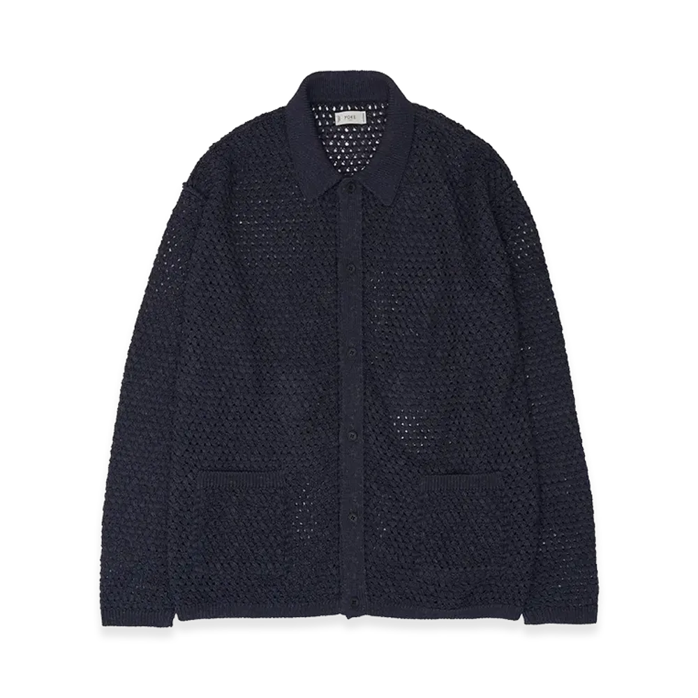 YOKE Cotton Mesh Knit Shirt Cardigan "Navy"
