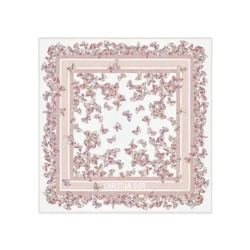 Dior Camo Papillon 90 Square Scarf Silk Twill "White/Pale Pink"