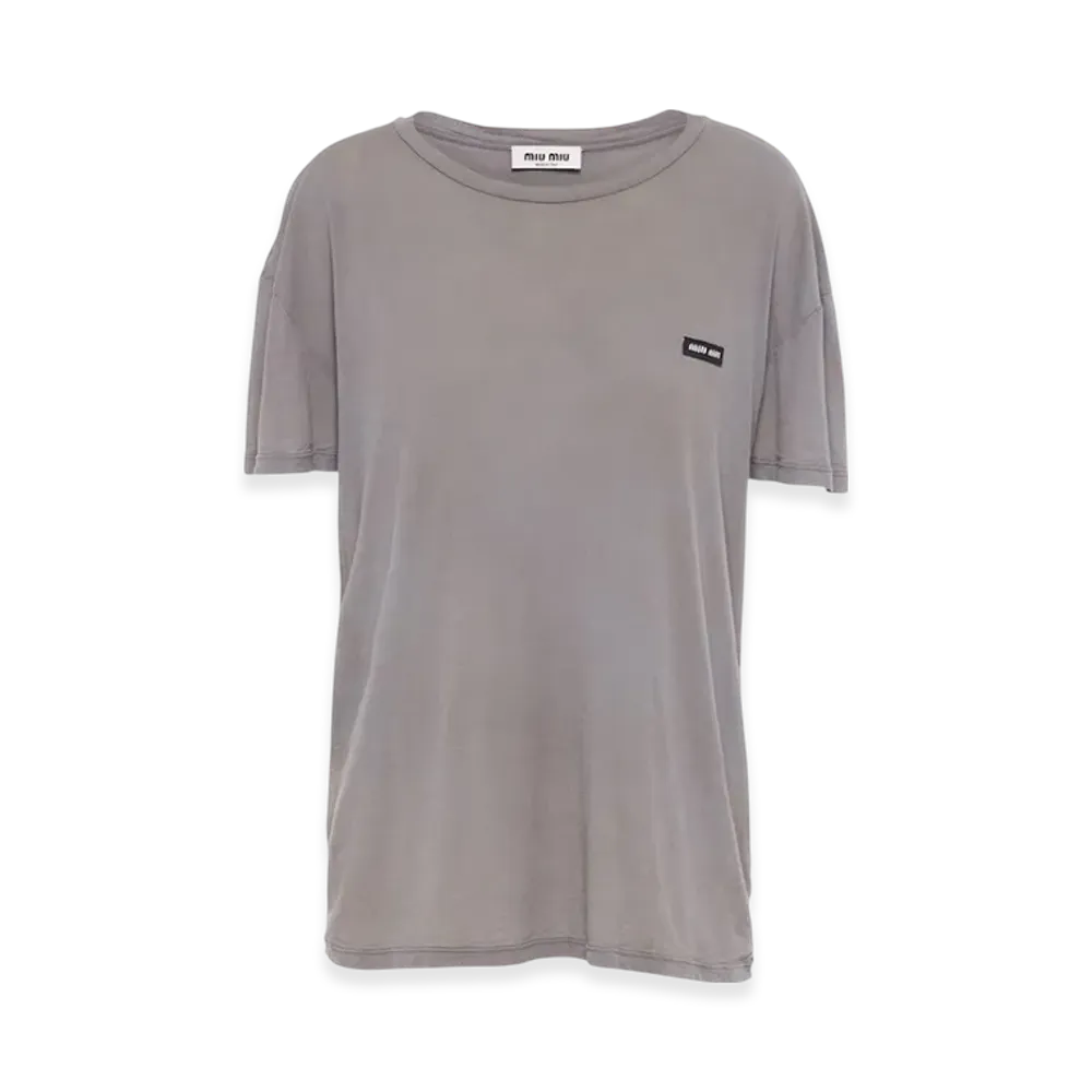 MIU MIU Women's Garment Dyed Ribbed Knit Jersey T-Shirt "Lead Grey"