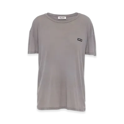 MIU MIU Women's Garment Dyed Ribbed Knit Jersey T-Shirt "Lead Grey"