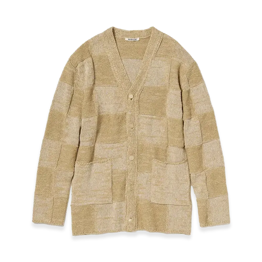 AURALEE Structured Cotton Linen Panel Knit Cardigan "Brown/Beige"