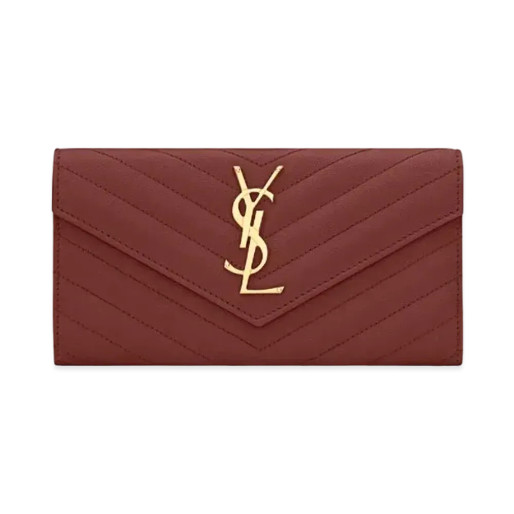 Saint Laurent Monogram Large Flap Wallet In Quilted Grain De Poudre Embossed Leather "Rouge Opyum"