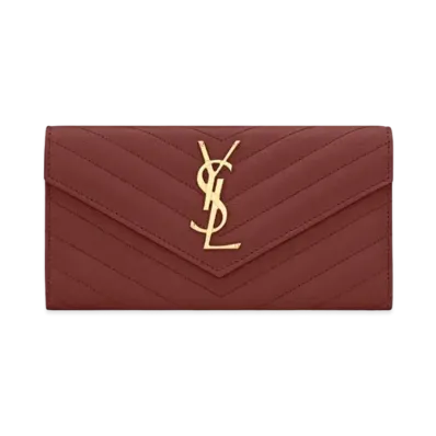 Saint Laurent Monogram Large Flap Wallet In Quilted Grain De Poudre Embossed Leather "Rouge Opyum"