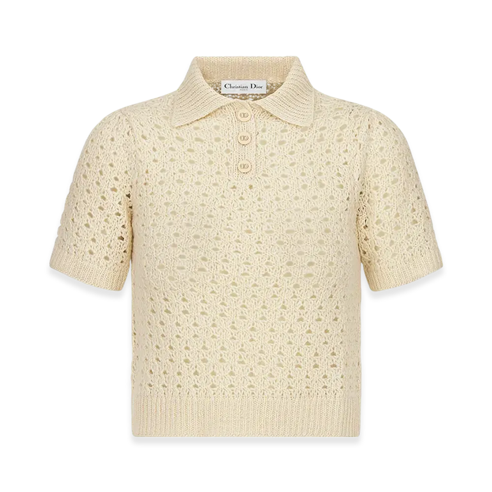 Dior Women's Macrocannage Polo Shirt Alpaca Cashmere Silk Openwork Knit "Ecru"
