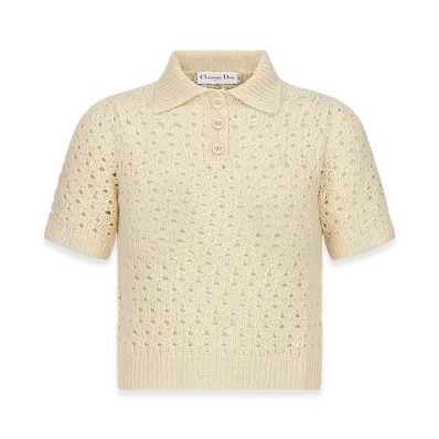 Dior Women's Macrocannage Polo Shirt Alpaca Cashmere Silk Openwork Knit "Ecru"