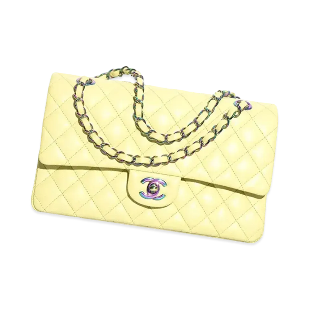 CHANEL Classic Handbag Shiny Grained Calfskin & Rainbow Metal"Yellow"