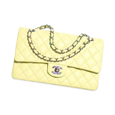 CHANEL Classic Handbag Shiny Grained Calfskin & Rainbow Metal"Yellow"
