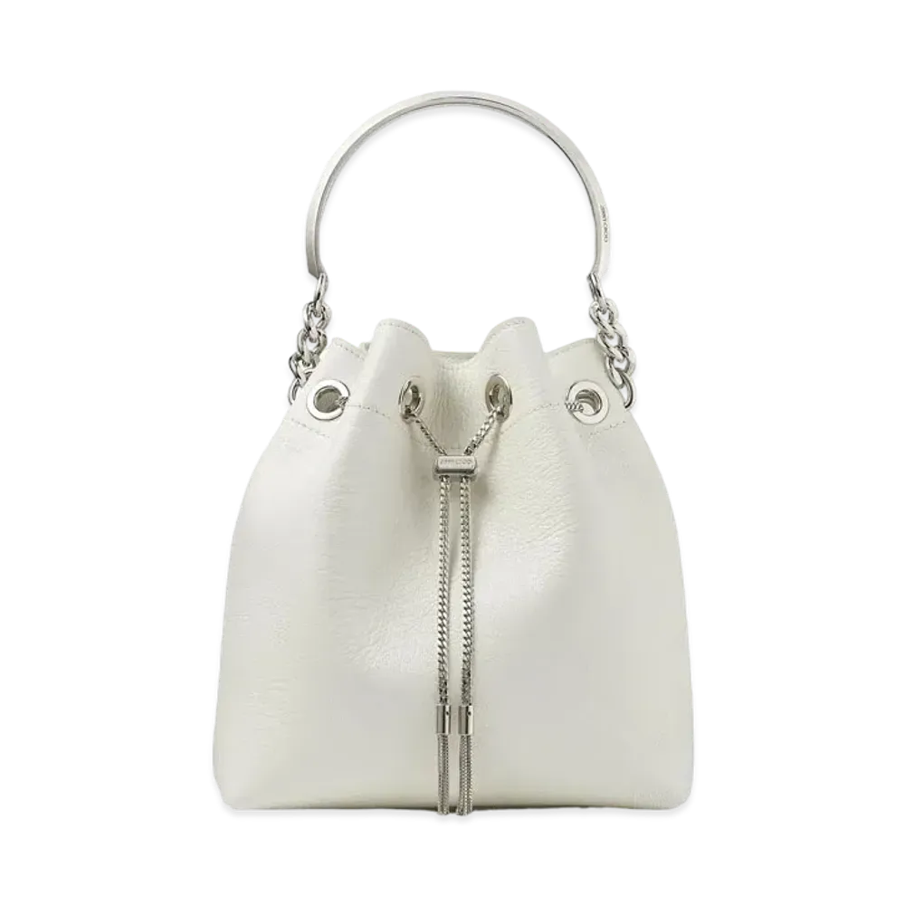 Jimmy Choo Bon Bon Bucket Grainy Goat Leather Bucket Bag With Metal Handle "Silver/Latte"
