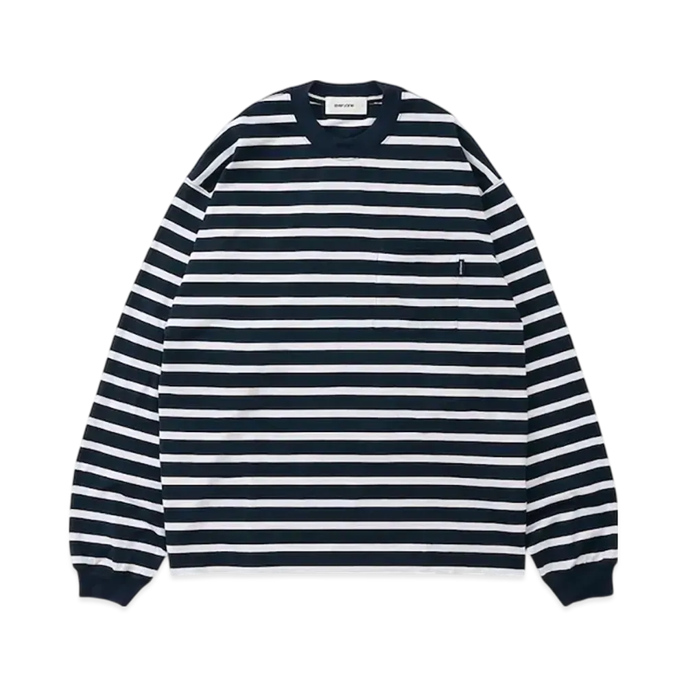 everyone High-Gauge Cotton Border Long Sleeve Tee Shirt "Navy/Ash"