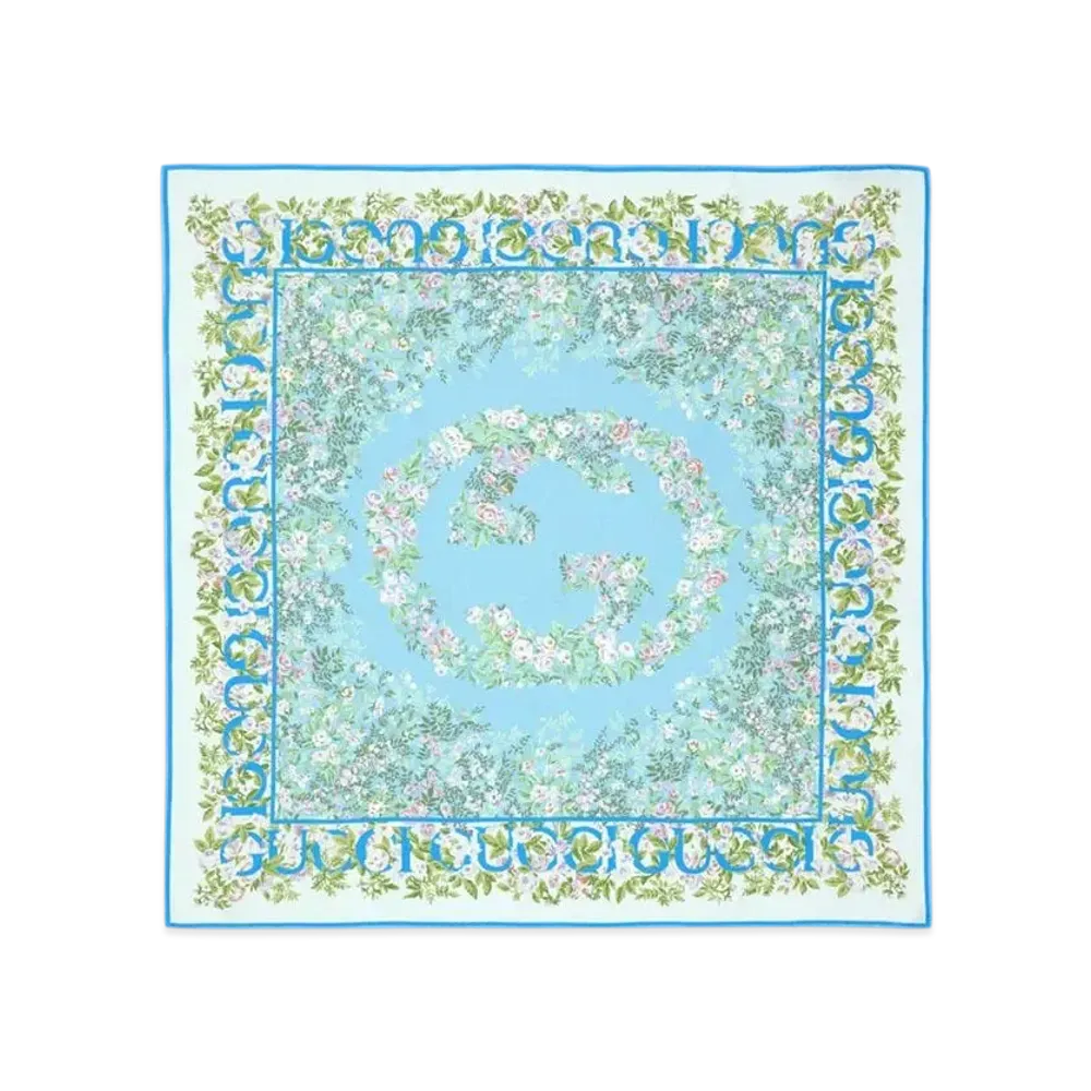 GUCCI Interlocking G Floral Print Silk Carre "Light Blue"