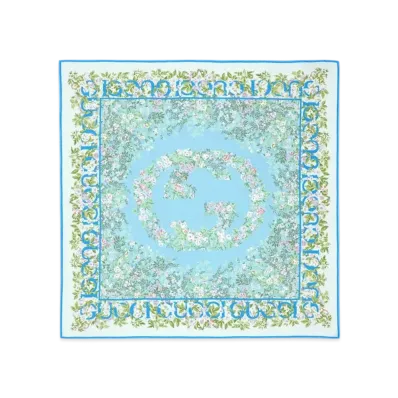 GUCCI Interlocking G Floral Print Silk Carre "Light Blue"