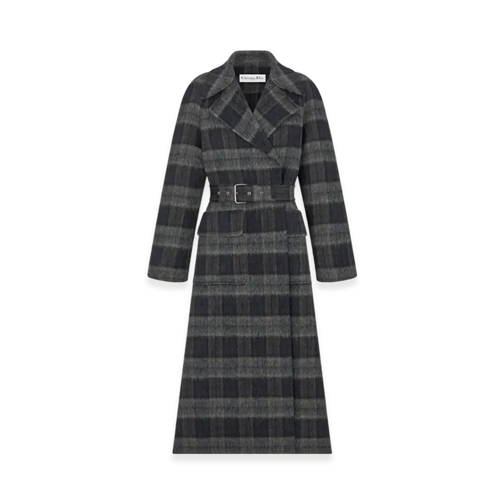 Dior Women's Coat with Belt Double Sided Llama Wool Virgin Wool Felt Check & Tartan Motif "Gray/Blue"