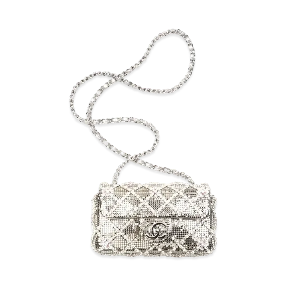 CHANEL Mini Flap Bag Metallic Mesh & Embroidery Stress "Silver"