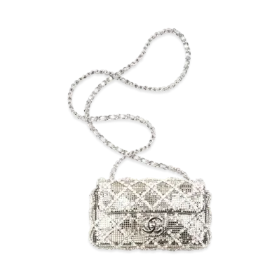CHANEL Mini Flap Bag Metallic Mesh & Embroidery Stress "Silver"