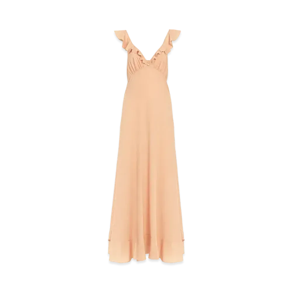 Chloe Long Sun Dress In Crepe De Chine "Sand Brown"