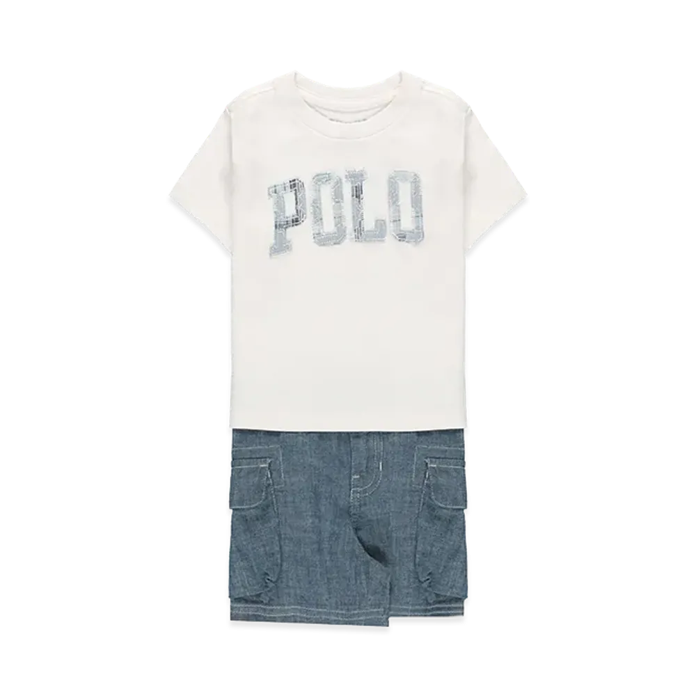 Ralph Lauren Kids Logo Cotton T-Shirt and Chambray Cargo Shorts "White"