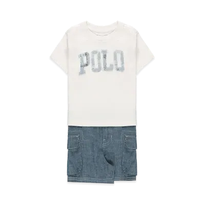 Ralph Lauren Kids Logo Cotton T-Shirt and Chambray Cargo Shorts "White"