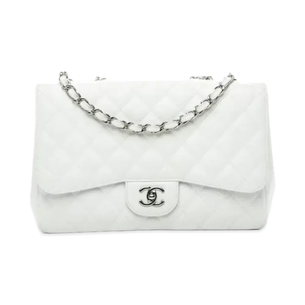 CHANEL Deca Matelasse Classic Single Flap Caviarskin "White/Silver"
